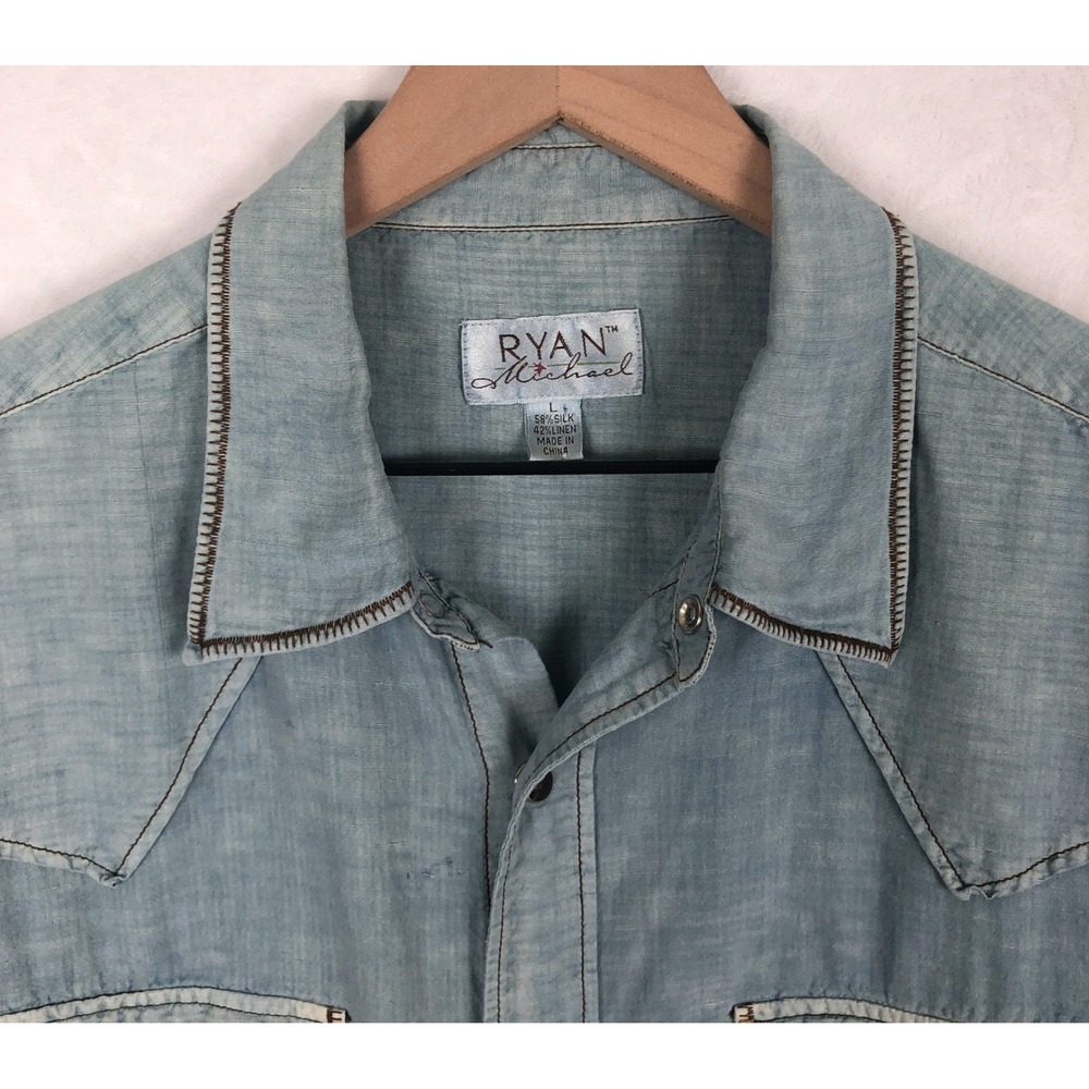 RYAN MICHAEL Silk Linen Western Snap Shirt Men's L Morning Sky Blue S/S - Picture 4 of 14